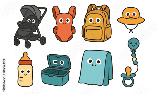 Cute and playful baby gear collection with smiling faces and fun designs