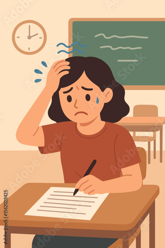 Anxious stressed student girl taking exam in classroom. School test anxiety, worried facial expression, time pressure, mental health, academic stress, education challenge. Flat vector illustration