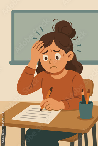Anxious stressed schoolgirl taking exam in classroom, worried student holding head, test anxiety, education pressure, academic stress, mental health, modern flat cartoon vector illustration