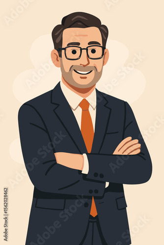 Confident businessman in suit with arms crossed. Professional male executive. Leadership, authority, success, career growth. Modern flat vector illustration. Corporate office concept, business attire