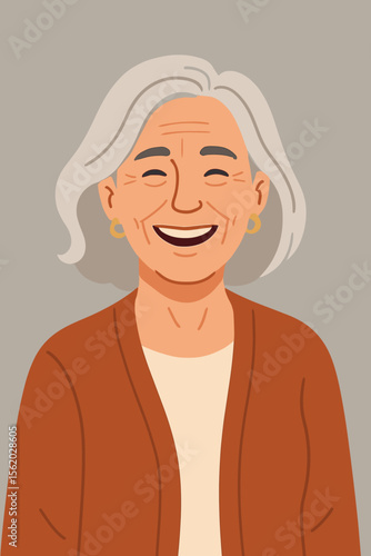 Portrait of a happy senior Asian woman laughing. Cheerful elderly grandmother with grey hair smiling. Vector illustration of a joyful retired person. Concept of graceful aging.