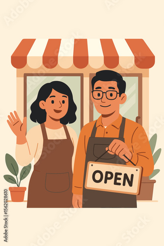 Happy entrepreneurial couple opening their small business. Man and woman shopkeepers in aprons with an open sign in front of the store. Local family business and partnership concept.