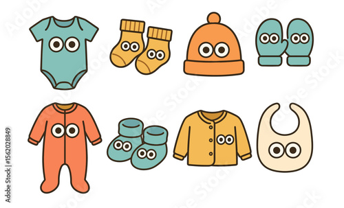 Cute cartoon baby clothes with eyes: onesie, bib, mittens, hat, and booties in fun colors