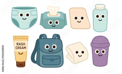 Cute baby essentials with smiling faces: diaper, wipes, rash cream, baby powder, backpack, and bottle