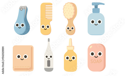 Cute bathroom essentials with smiling faces for kids' bath time fun