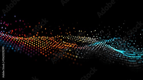 An abstract background composed of colorful, undulating waves of illuminated dots and lines