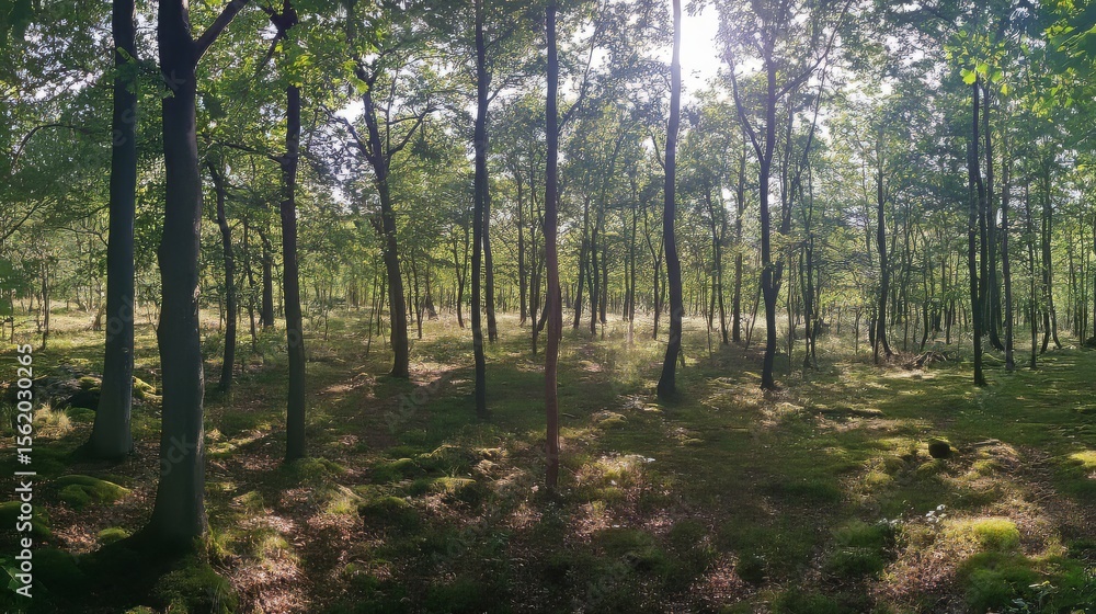 Fototapeta premium Panorama of a summer forest with sunlight streaming through trees