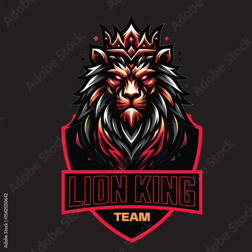 Fiery Red and Black Lion King Team Mascot Logo with Gold Crown vector