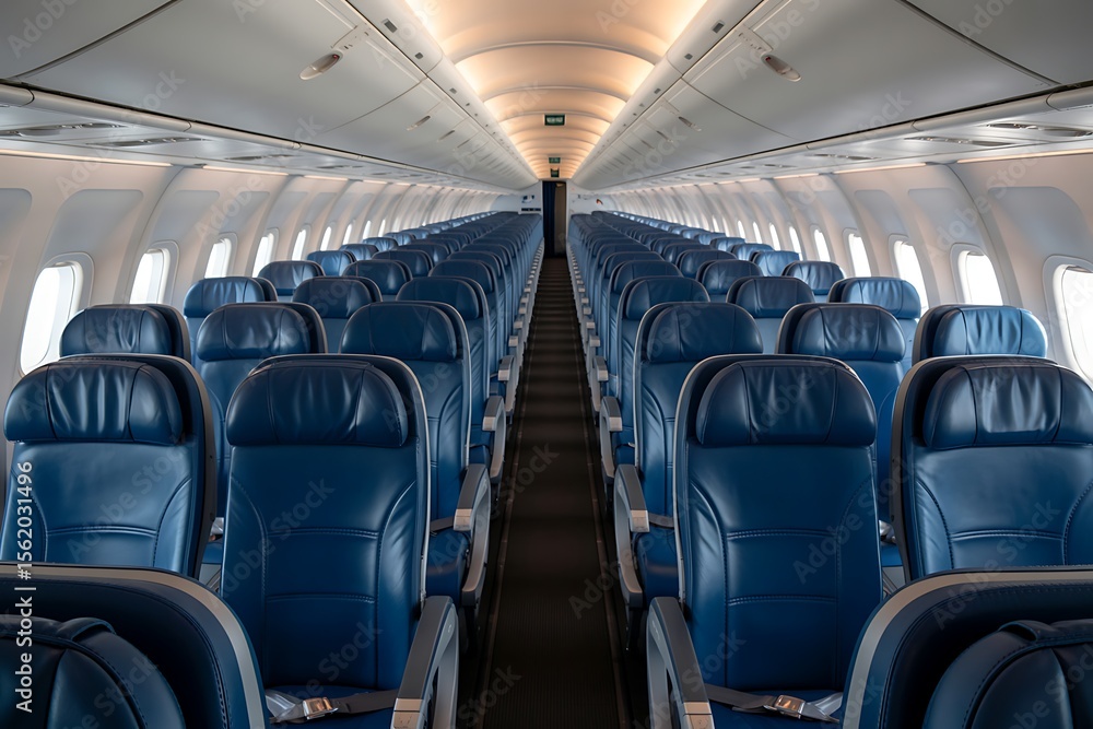 Fototapeta premium Interior view of a modern airplane cabin with rows of empty blue leather seats and overhead compartments illuminated by soft lighting