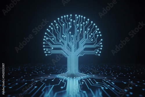 Abstract glowing blue circuit board forming a tree shape with illuminated nodes against a dark background symbolizing technology and growth