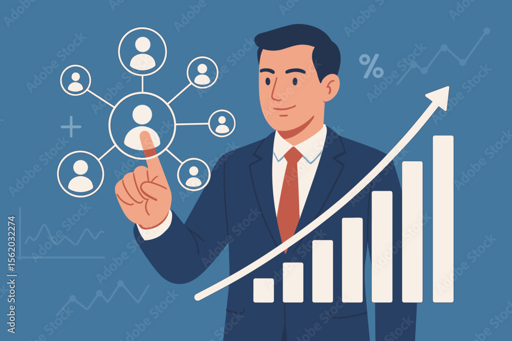 Businessman touching customer network icon for CRM strategy. Manager analyzing financial growth chart with positive indicators. Business progress, investment data analysis concept. Businessman touching customer network icon for CRM strategy. Manager analyzing financial growth chart with positive indicators. Business progress, investment data analysis concept.
