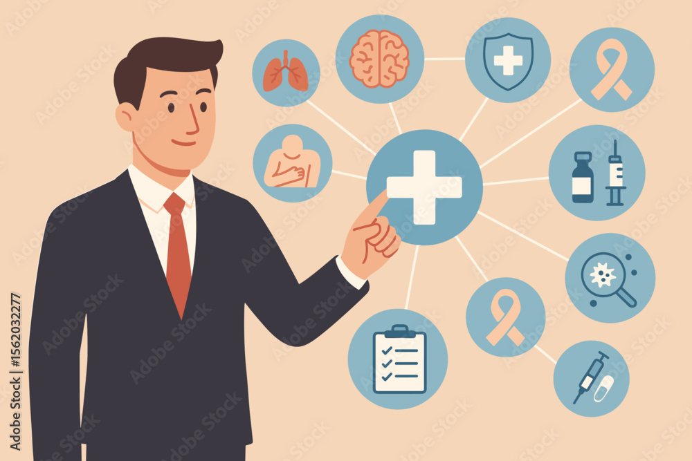 Businessman manager presenting healthcare insurance plan. Man touching virtual interface with medical icons. Digital health technology, telemedicine, patient care and checkup concept. Businessman manager presenting healthcare insurance plan. Man touching virtual interface with medical icons. Digital health technology, telemedicine, patient care and checkup concept.