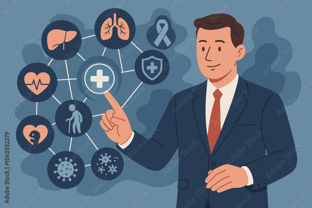 Businessman using virtual interface for healthcare. Medical technology concept with network of icons for health insurance, diagnosis, disease awareness, and telehealth services. Vector. Businessman using virtual interface for healthcare. Medical technology concept with network of icons for health insurance, diagnosis, disease awareness, and telehealth services. Vector.