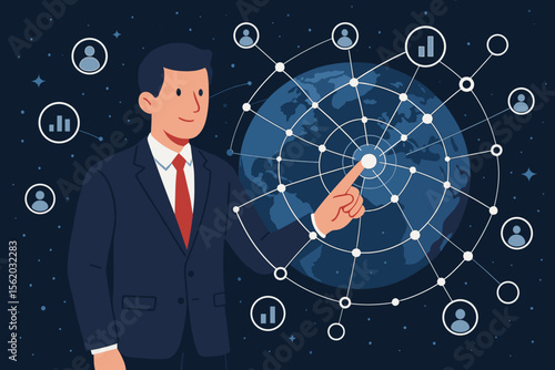 Businessman touching a futuristic virtual screen with a global network, customer data, and analytics icons. International business, marketing, and CRM concept. Flat vector illustration.