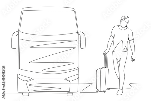 A man who continues his journey by transiting by bus. Travel in transit concept one-line drawing