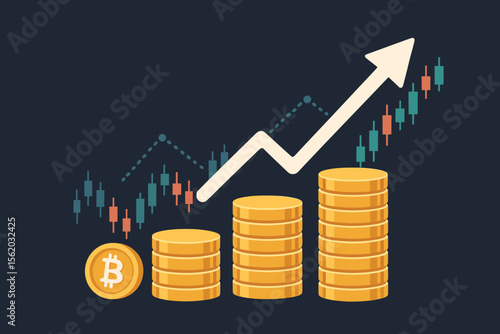 Bitcoin investment and cryptocurrency trading concept. Stack of gold coins with financial candlestick graph showing growth and success. Stock market, digital economy and banking.