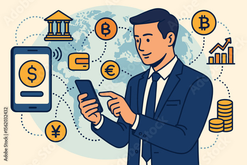 Fintech concept with a businessman using a smartphone for global finance. Financial technology, mobile banking, cryptocurrency investment, and digital payment vector illustration.