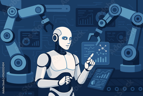 Futuristic artificial intelligence concept. Robot engineer controls automation and robotic arms in a smart factory. AI monitors data and uses machine learning for industrial production.