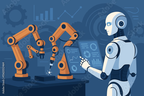 Futuristic artificial intelligence concept. A robot engineer controls automation and robotic arms in an industrial factory, monitoring data on a tablet for smart manufacturing. Industry 4.0 vector.