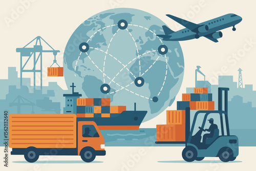 Global logistics and transportation concept with container cargo, shipping ship, cargo truck, forklift, airplane, and worldwide network connections, modern flat vector illustration