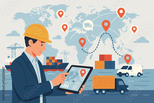 Logistics manager tracking global supply chain delivery using tablet. Smart transportation network, cargo container shipping, freight distribution, intelligent logistics, worldwide route planning