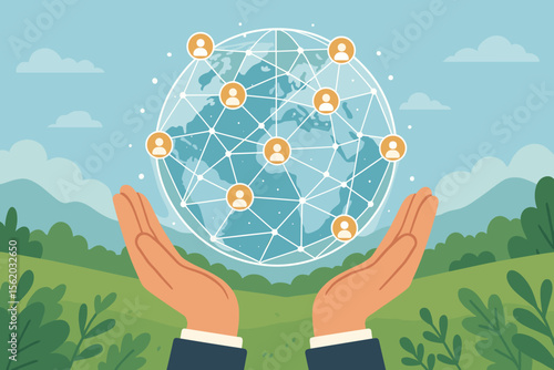 Global network connection, hands holding digital world, social media communication, customer data, teamwork, technology, environmental sustainability, abstract vector illustration