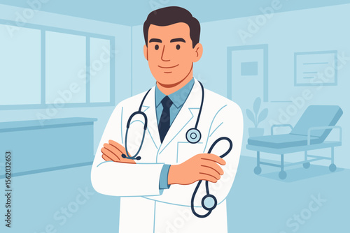 Confident male doctor in white coat with stethoscope standing arms crossed in modern hospital clinic interior. Professional healthcare worker, medical staff, physician, flat vector illustration