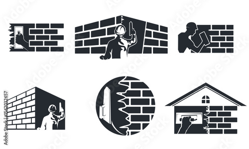 set of Plastering logo, trowel plastering with stacked brick design icon vector template