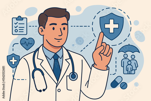 Medical doctor with stethoscope interacting with health insurance icons, virtual interface, healthcare protection, medical coverage, family safety, prescription, checklist, flat vector illustration