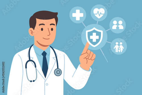 Medical doctor with stethoscope interacting with digital health insurance icons on virtual screen. Healthcare professional, protection, family care, medical services, modern flat vector illustration