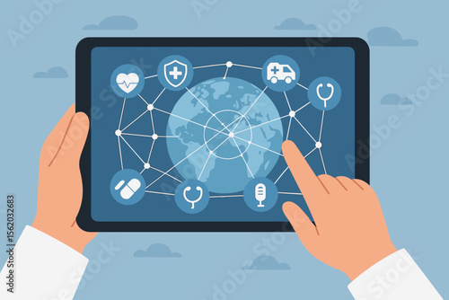 Global healthcare network connection on digital tablet. Telemedicine technology, online medical services, remote health monitoring, worldwide healthcare communication, flat vector illustration