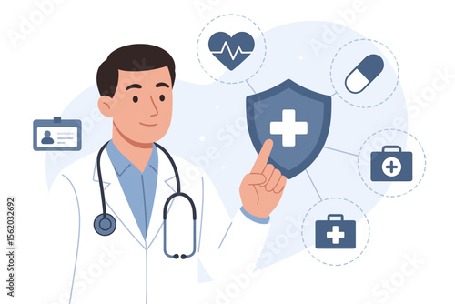 Medical doctor with stethoscope interacting with health insurance icons, protection shield, heart, pill, medical kit, modern healthcare technology concept, flat vector illustration
