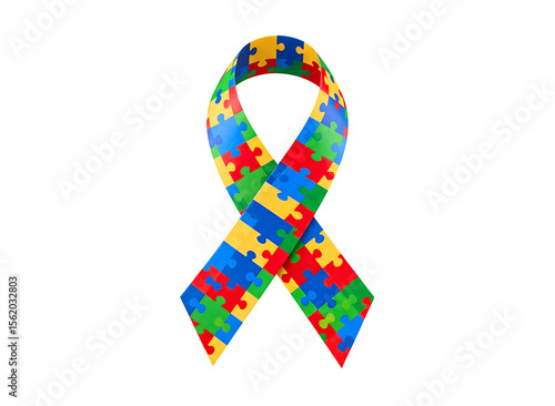 Colorful puzzle piece ribbon symbolizing autism awareness isolated on transparent background