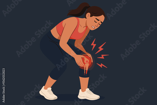 Female athlete experiencing knee pain during exercise, joint inflammation, tendon injury, sports injury, healthcare concept, fitness injury, modern flat vector illustration, dark background