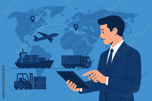 Global logistics and freight shipping management concept. Businessman using digital tablet to monitor worldwide supply chain, cargo transportation by ship, truck, airplane, forklift on world map