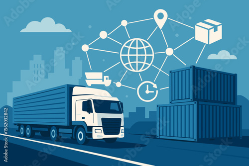 Global transportation logistics network. Cargo truck on highway with shipping containers, distribution icons, delivery route, worldwide freight, supply chain, export import, blue vector illustration