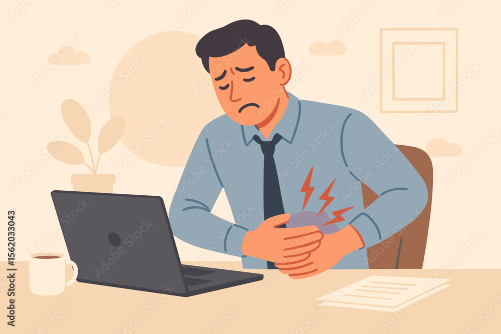 Office worker experiencing stomach pain at desk, workplace stress, gastrointestinal discomfort, health problem, business man with abdominal ache, occupational health, healthcare insurance concept Office worker experiencing stomach pain at desk, workplace stress, gastrointestinal discomfort, health problem, business man with abdominal ache, occupational health, healthcare insurance concept
