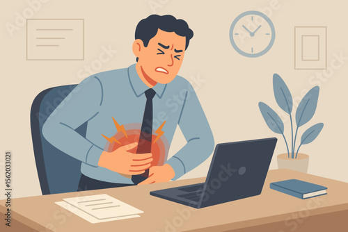 Office worker experiencing severe stomach pain at desk, stress-induced gastrointestinal disorder, workplace health issue, abdominal discomfort, business professional, healthcare and insurance concept