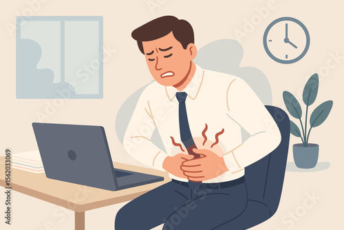 Businessman suffering stomach pain at office desk, stress-induced abdominal discomfort, gastrointestinal health problem, workplace illness, digestive disorder, healthcare insurance concept