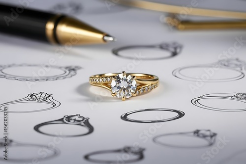 A detailed close up of a sparkling diamond engagement ring with pave diamonds rests on a table covered in ring sketches and a gold pen