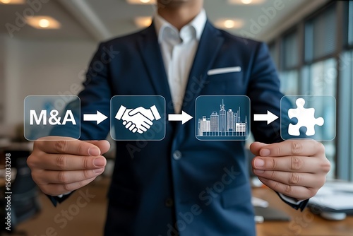 Businessman demonstrating the process of mergers and acquisitions with icons representing agreement business growth and integration into a cohesive whole