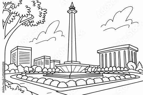 detailed line art coloring page, the monument of proclamation in Jakarta, black and white illustration style, clean lines