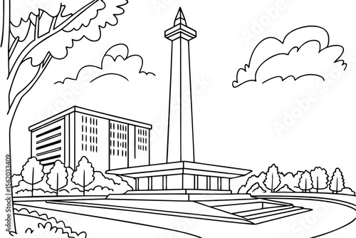 detailed line art coloring page, the monument of proclamation in Jakarta, black and white illustration style, clean lines