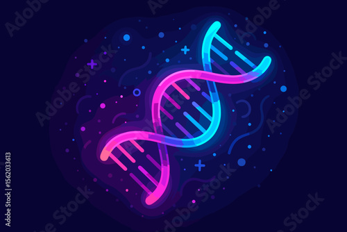 Luminous DNA molecule vector illustration. Neon glowing double helix for science and genetics concepts. Gene engineering, biotechnology, chromosome research background. Abstract flat design.