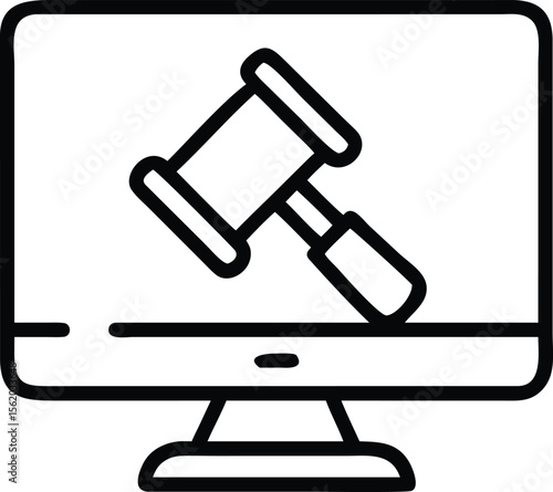 Online auction icon illustration of gavel on computer screen