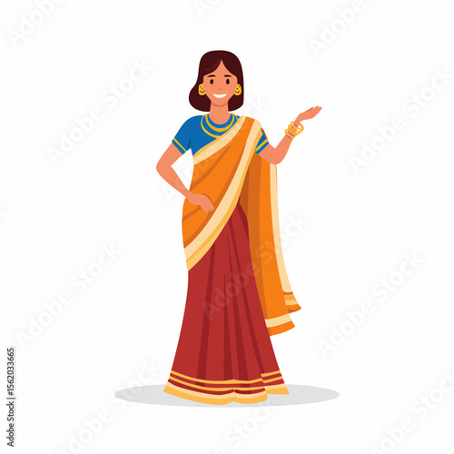 Illustration of a person in traditional Indian sari with blue blouse and orange-red drape, wearing jewelry and posing gracefully on a white background.