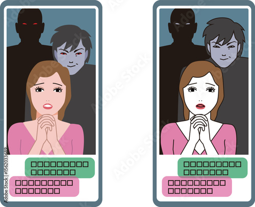スマホのSNSで女性に、なりすますロマンス詐欺犯罪組織のイメージ。