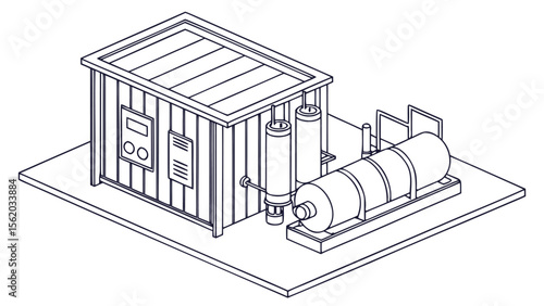 Hydrogen production station featuring PEM electrolyser modules and industrial pipework for factory use on a white background.