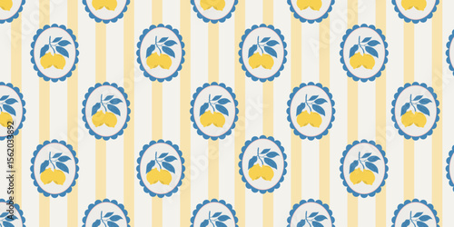 Mediterranean seamless pattern with lemon in circular frames on stripes. Vintage Italian costal print for fabric, wrapping paper, and beach decor.
