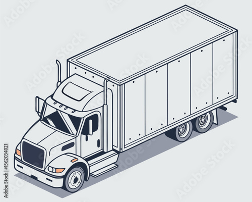 Isometric graphic of a white semi-truck with an attached cargo trailer positioned on a white background for freight transport.